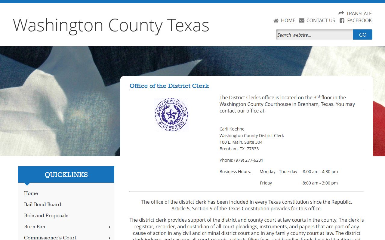 Washington County court records after arrest District Clerk page