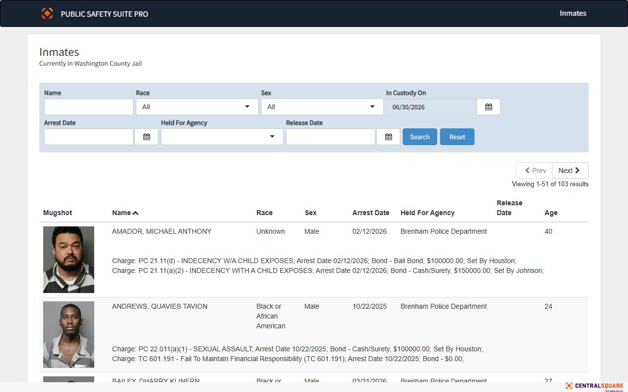 Washington County inmate records Zuercher jail roster search page